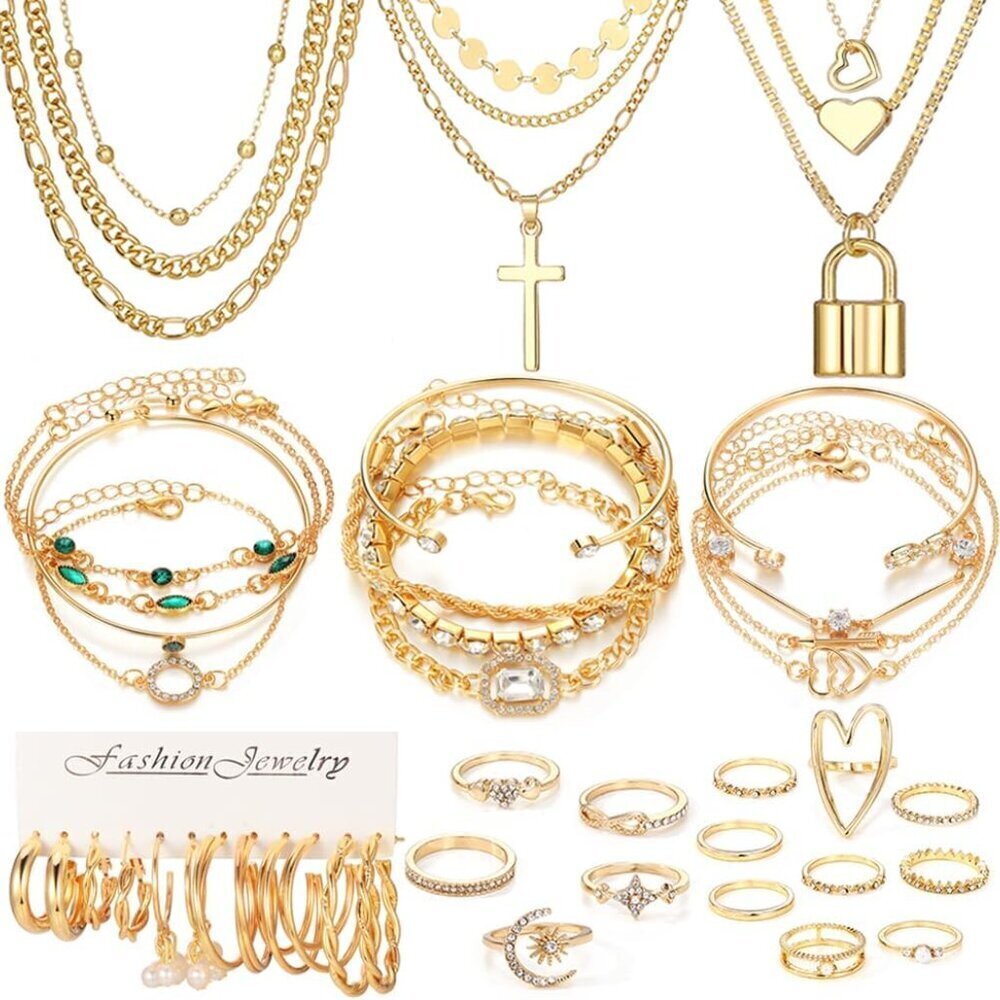 50 Pcs Gold Jewelry Set For Women Dainty Dangle Earrings Bracelets Necklaces